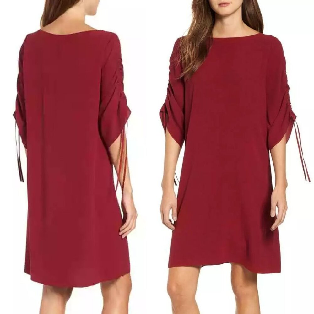 Eileen Fisher 100% Silk Ruched Sleeve Shift Dress In Dark Tulip S Burgundy $378